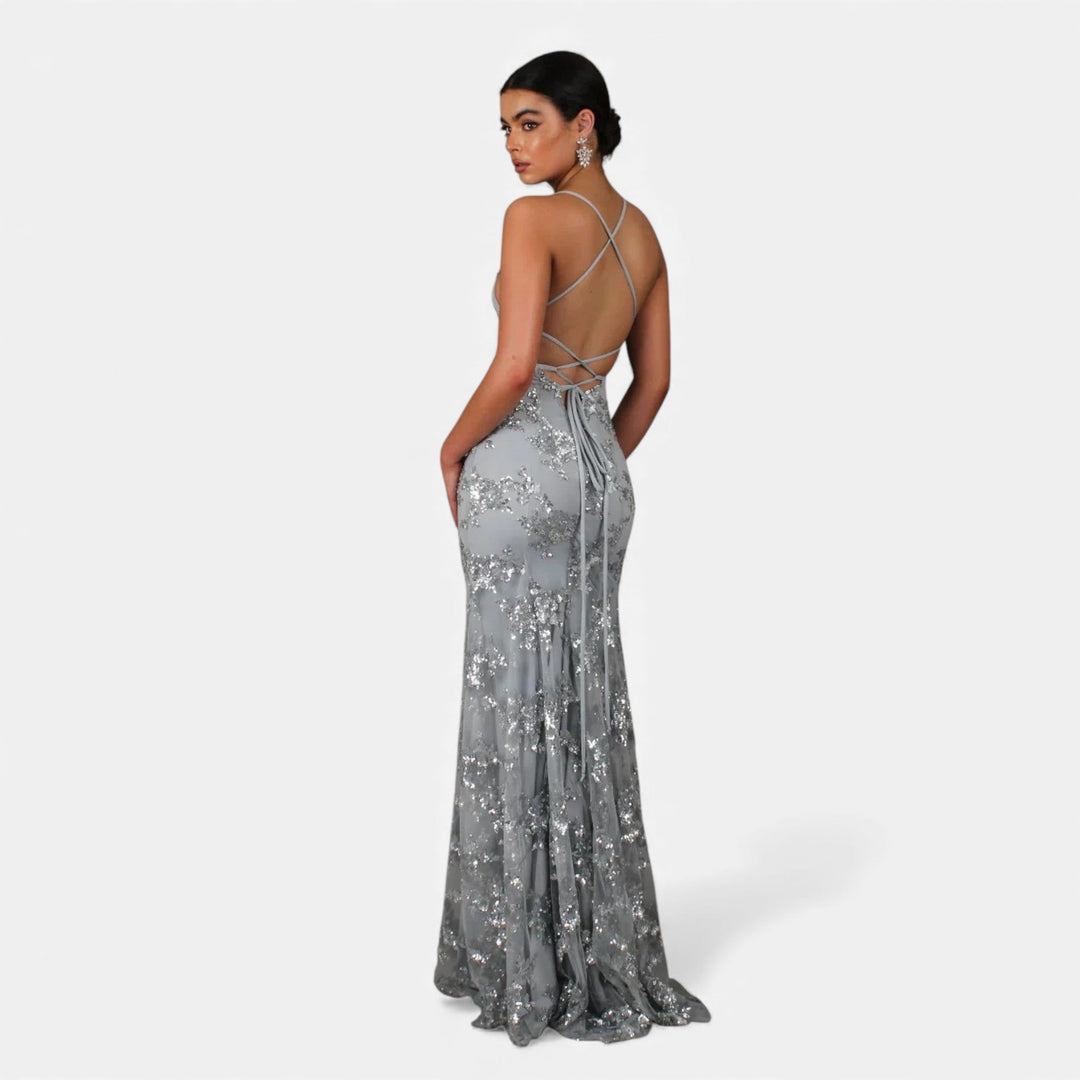 Long elegant sequin maxi dress, a glamorous women's evening gown perfect for formal wear & special events.