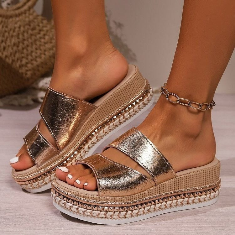 Elegant women's gold platform sandals, perfect chic footwear for summer vacations & casual wear.
