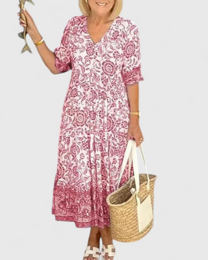 Stylish women's midi dress featuring a modest V-neck and half sleeves for a versatile look.