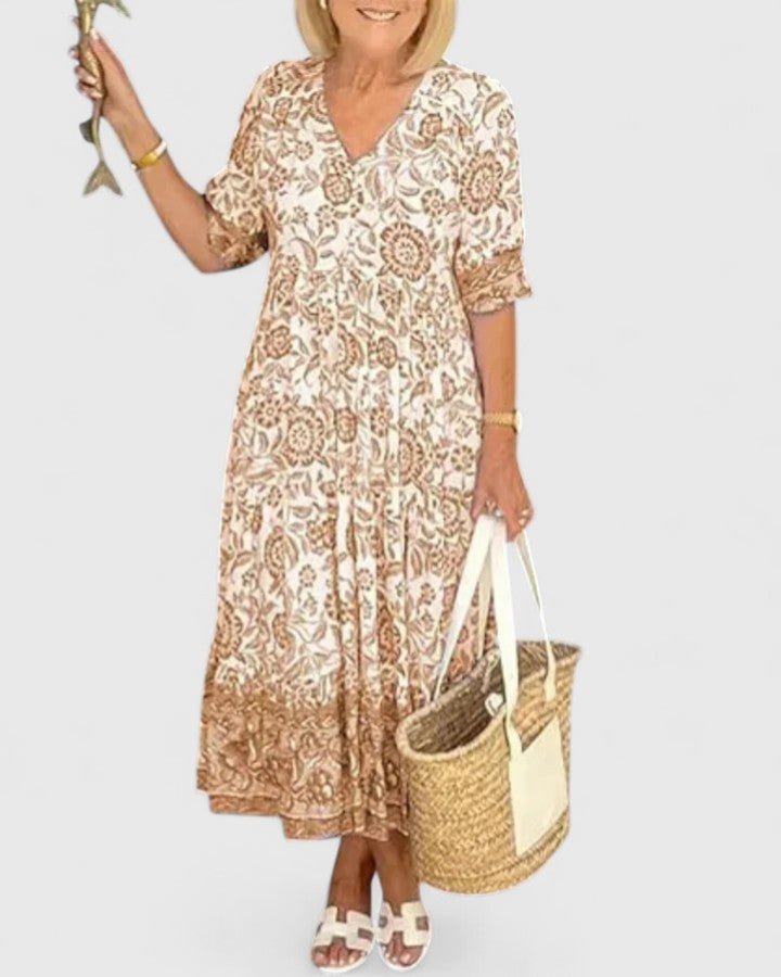 Chic women's elegant midi dress; flattering V-neck design, ideal for casual or spring/summer occasions.