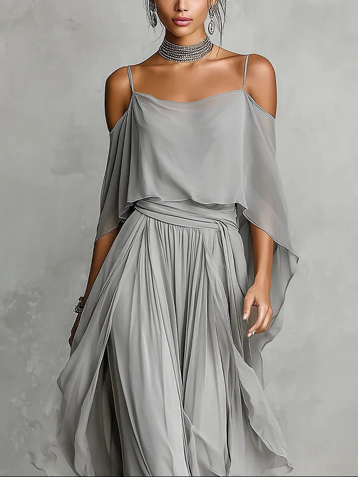 Casual chic women's off-shoulder co-ord set with flowy wide-leg pants, ideal for a stylish summer outfit.