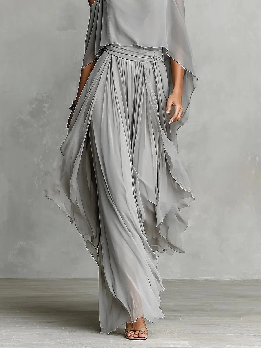 Fashionable women's off-shoulder top and flowy wide-leg trousers, an elegant grey two-piece set for summer.