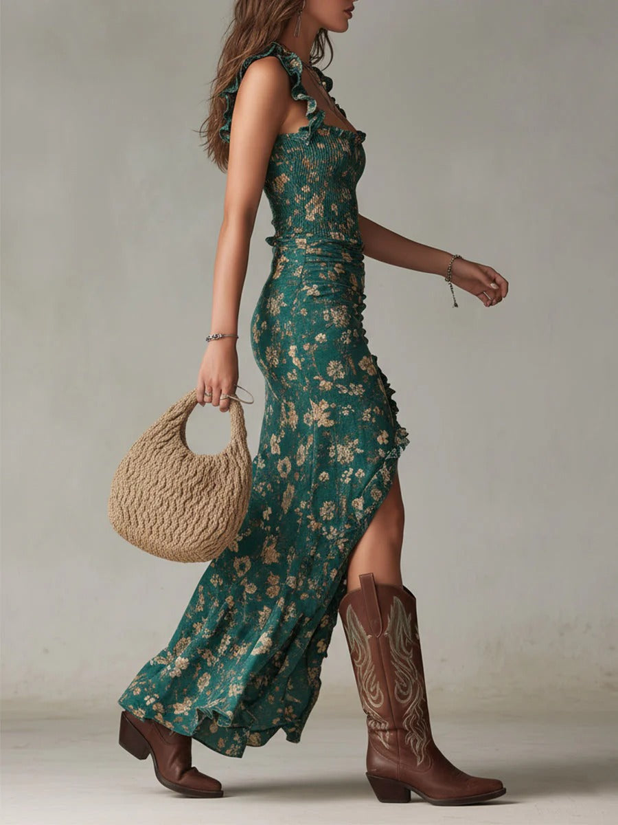 Sleeveless floral maxi dress for women, featuring a stylish ruched bodice & ruffle hem.