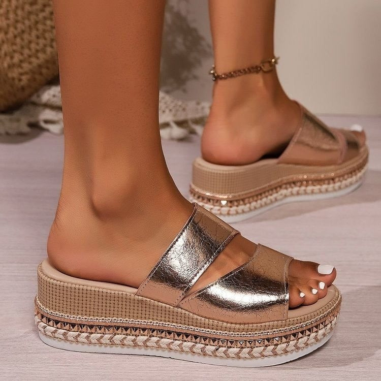 Women's comfortable shiny gold platform sandals, chic open-toe slip-on footwear for summer elegance.