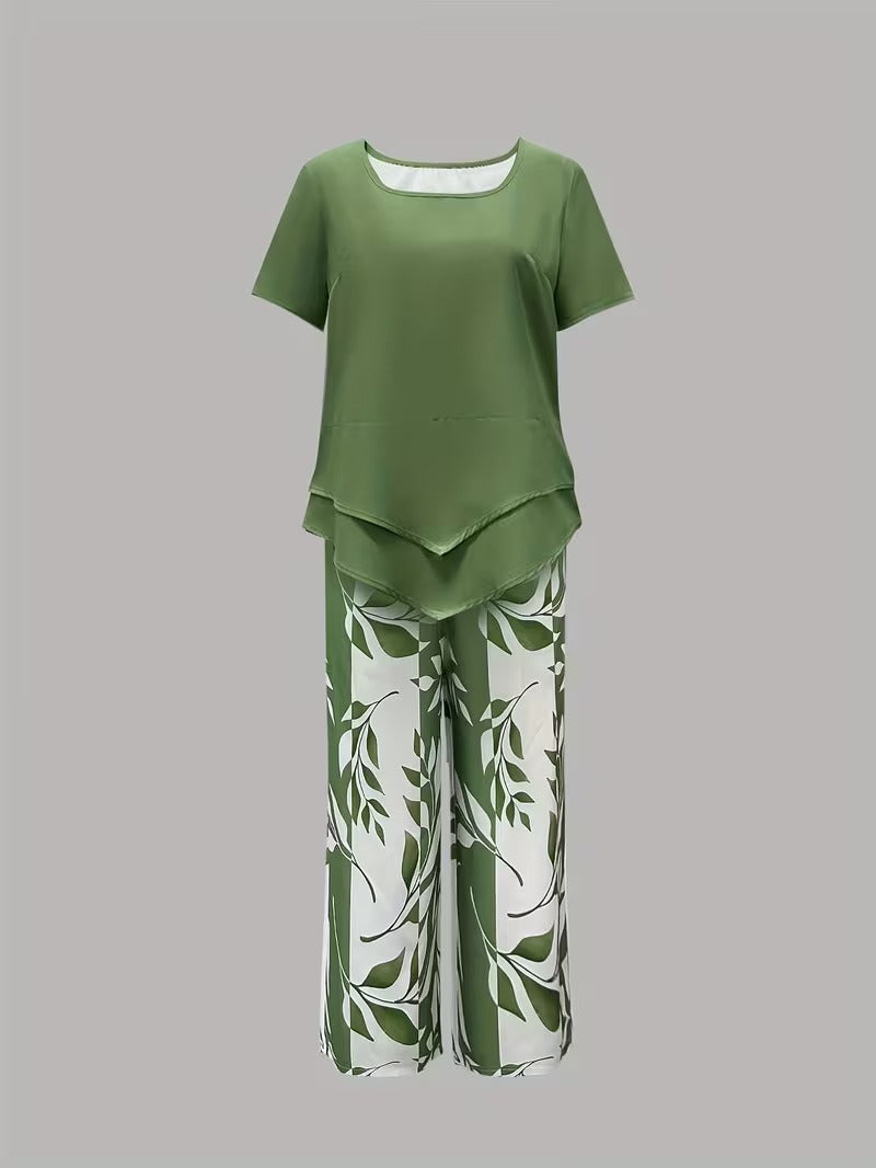 Green leaf print women's casual two-piece set, breathable and stylish for summer.