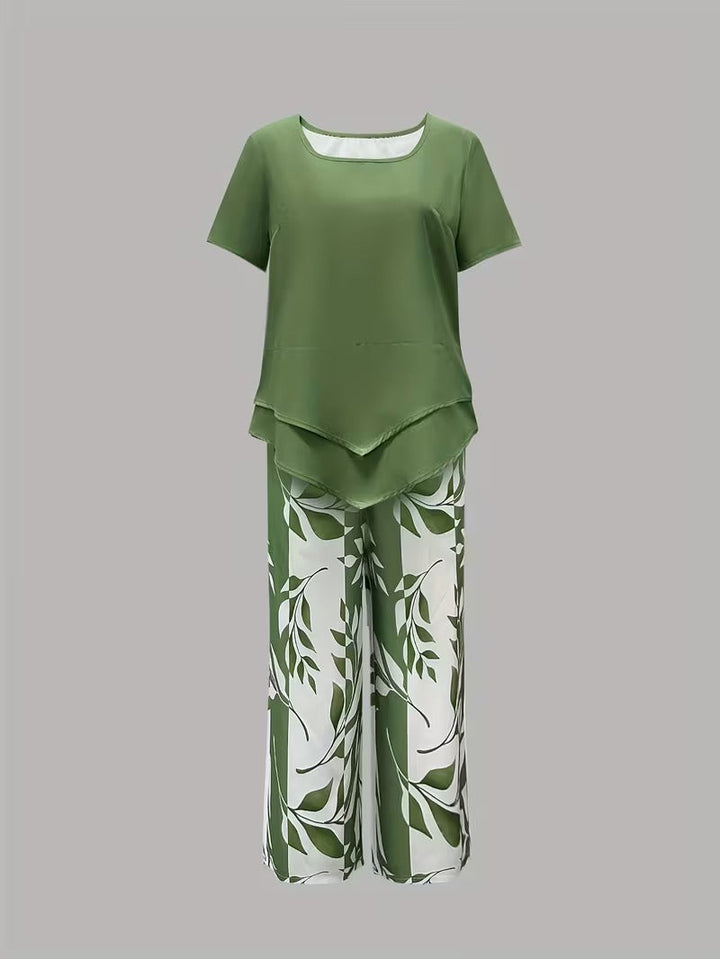 Green leaf print women's casual two-piece set, breathable and stylish for summer.