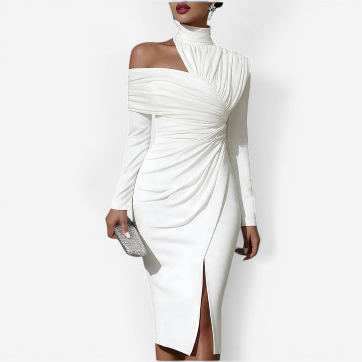 Elegant women's wrap midi dress with a sculpted silhouette, perfect for cocktail parties or evening wear.