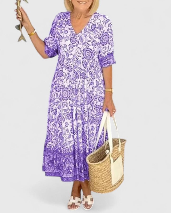 Flattering women's V-neck midi dress with half sleeves, offering a comfortable and stylish fit.