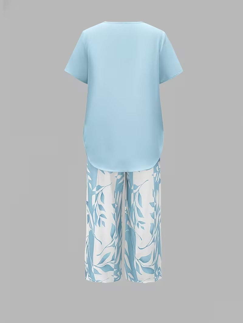 Sky blue leaf print women's two-piece set, great for summer loungewear and comfort.