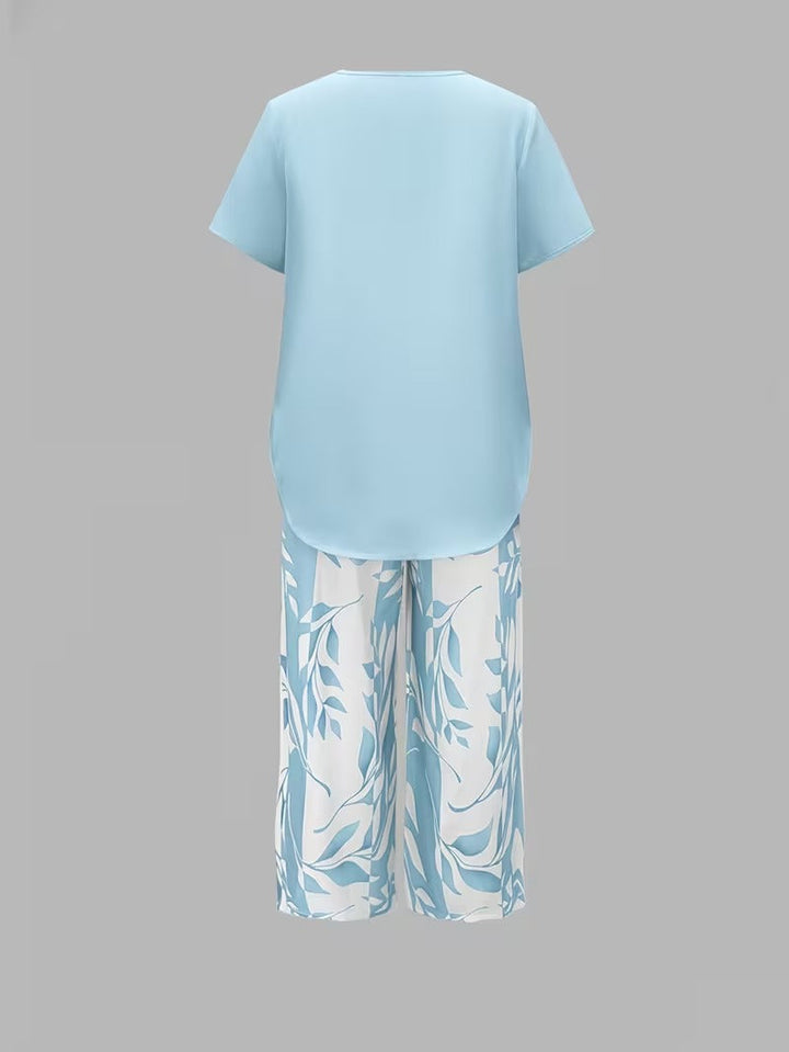 Sky blue leaf print women's two-piece set, great for summer loungewear and comfort.