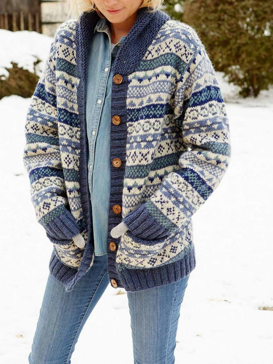 Women's cozy Fair Isle knit cardigan with relaxed shawl collar & button front for fall/winter fashion.