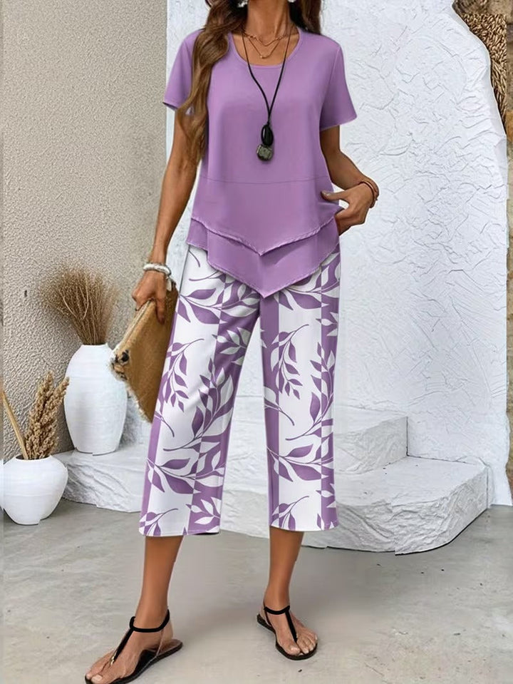 Matching leaf print two-piece set for women, ideal for casual summer wear.