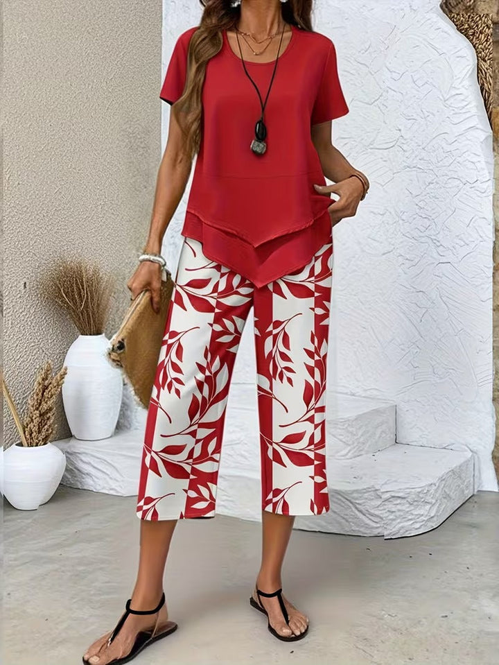 Comfortable women's casual summer outfit with a vibrant leaf print design.