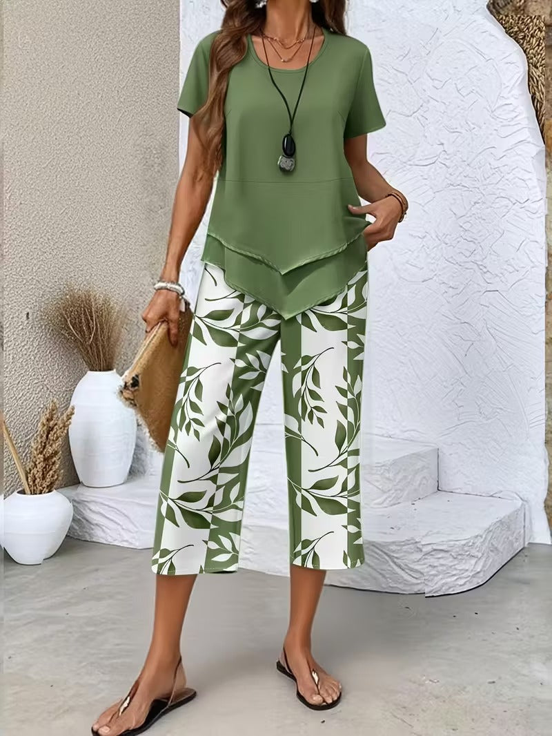 Women's casual leaf print two-piece set, perfect for summer comfort.