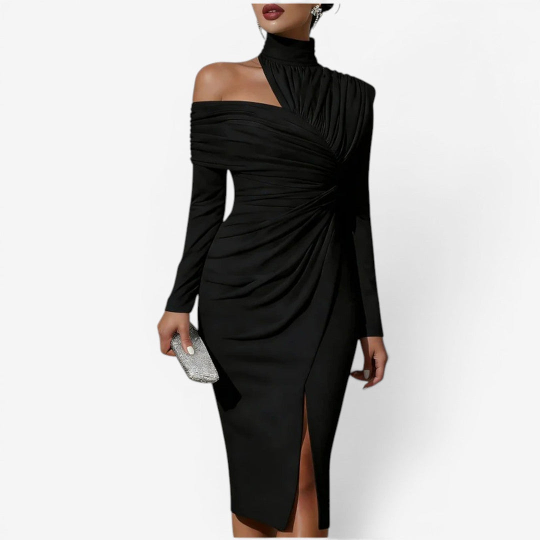 Chic asymmetrical wrap midi dress for women, ideal for sophisticated party or occasion wear. Sculpted fit.