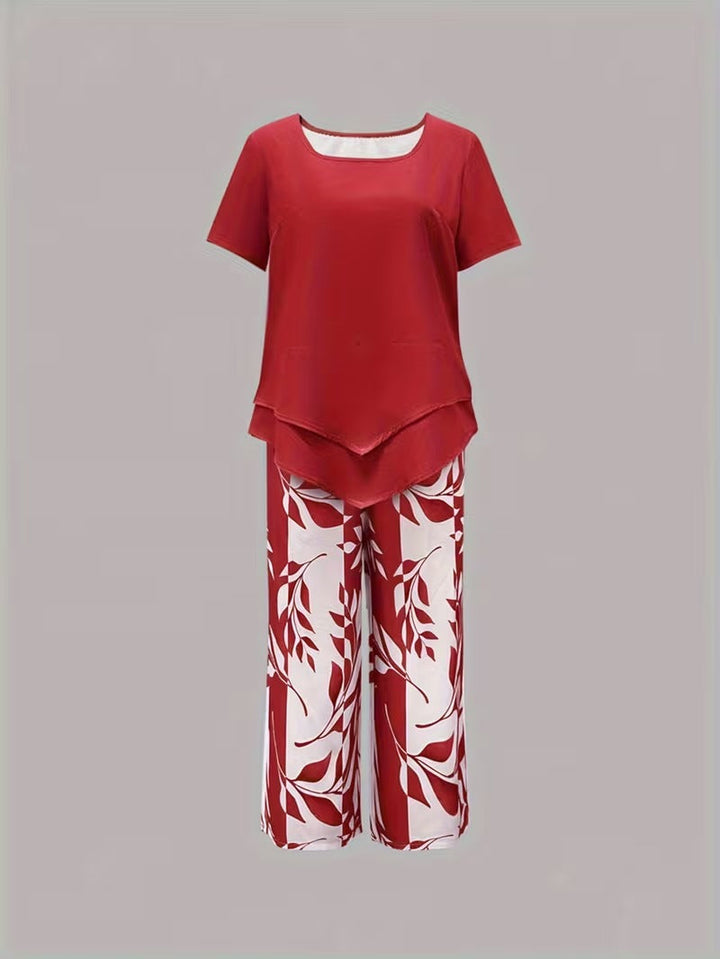 Relaxed fit women's leaf print two-piece set, offering ultimate comfort for summer.