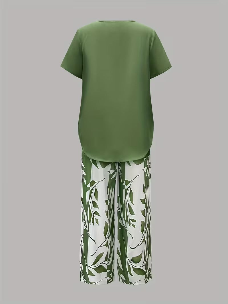 Purple botanical leaf print women's two-piece set, perfect for relaxed summer days.