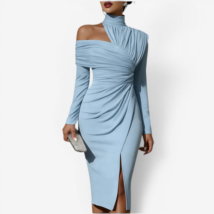 Asymmetrical wrap midi dress for women, showcasing a sculpted bodycon fit and elegant design.