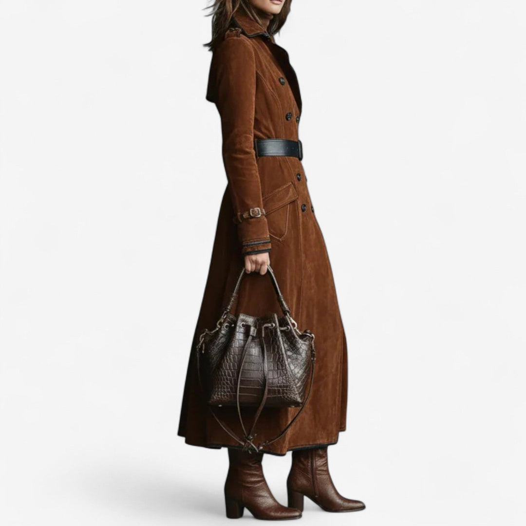 Timeless deep red women's long trench coat, versatile and elegant outerwear for fall & winter fashion.