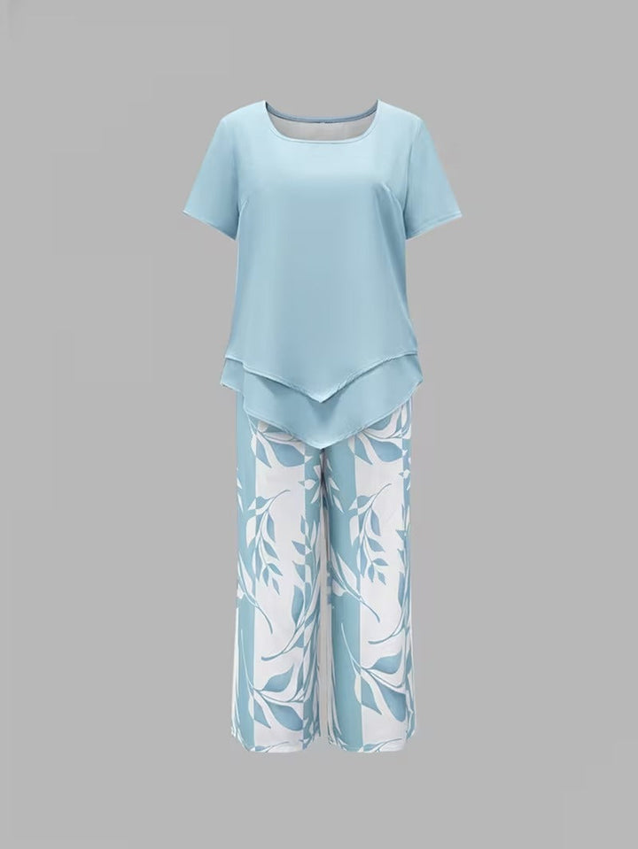 Red leaf print women's casual summer outfit, a comfortable and trendy two-piece set.