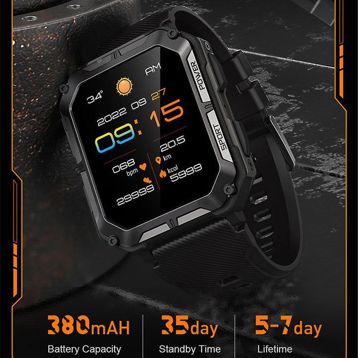 Indestructible smartwatch for extreme conditions, stainless steel case, gorilla glass, shock-resistant, rugged design.