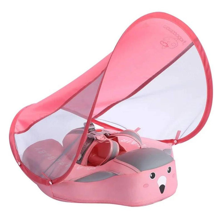 Baby pearl foam swim float with sunshade canopy for toddlers, ensuring sun protection & water safety.