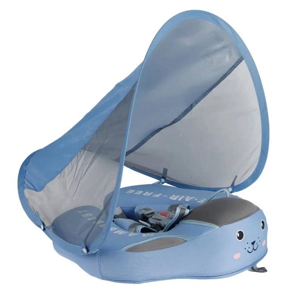 Outdoor baby gear: Infant swim trainer float with integrated sunshade canopy for comfortable summer fun.