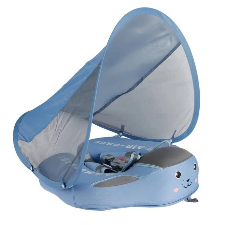 Outdoor baby gear: Infant swim trainer float with integrated sunshade canopy for comfortable summer fun.