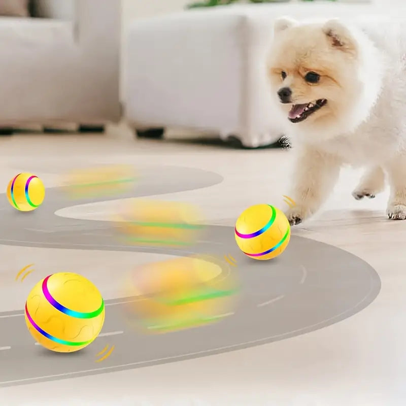Interactive ball toy for dogs and cats with bright colors, automatic rolling, keeping pets active and entertained.