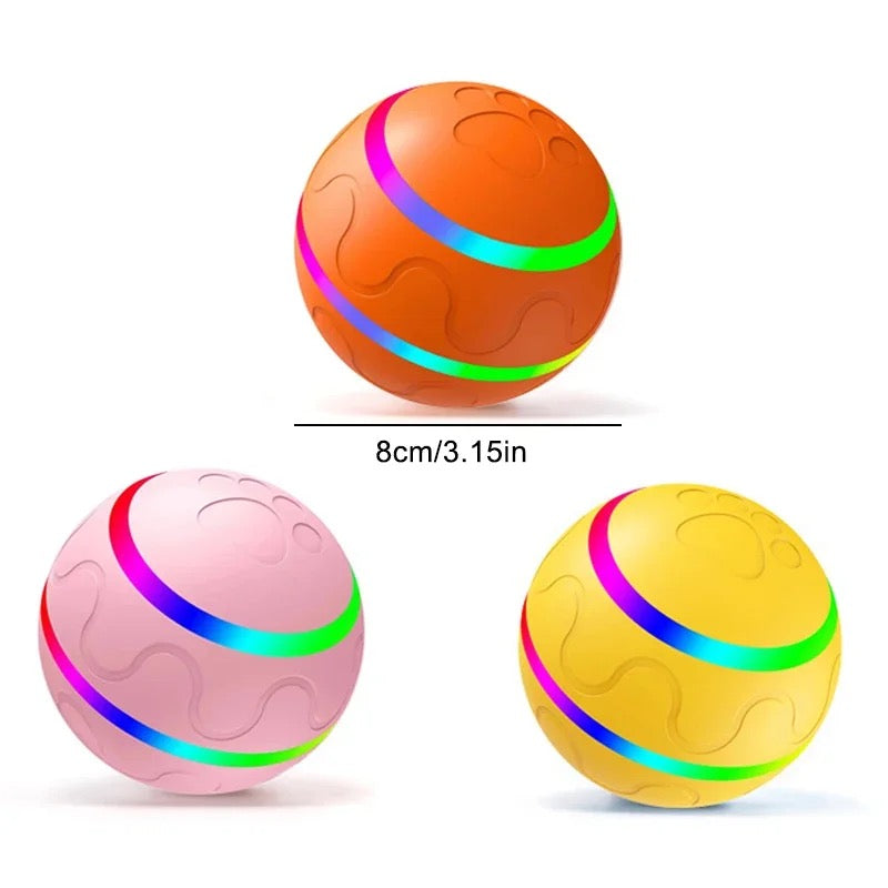 Interactive ball toy for dogs and cats with bright colors, automatic rolling, keeping pets active and entertained.