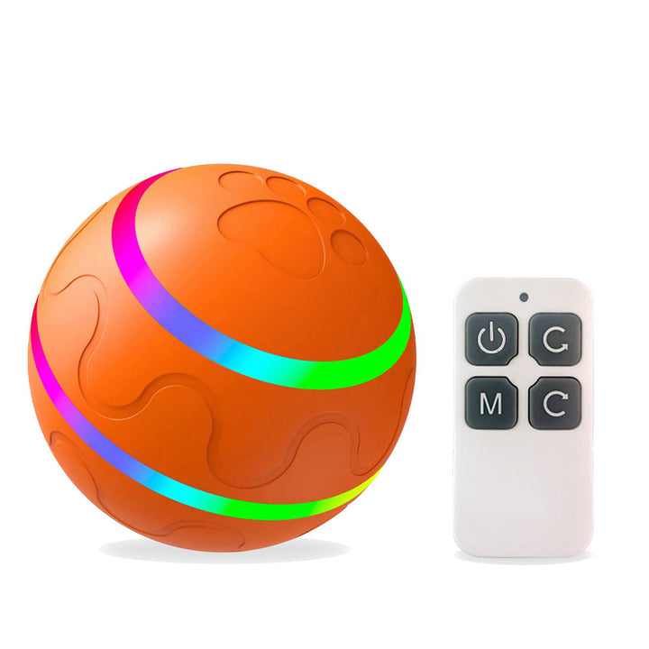 Interactive ball toy for dogs and cats with bright colors, automatic rolling, keeping pets active and entertained.