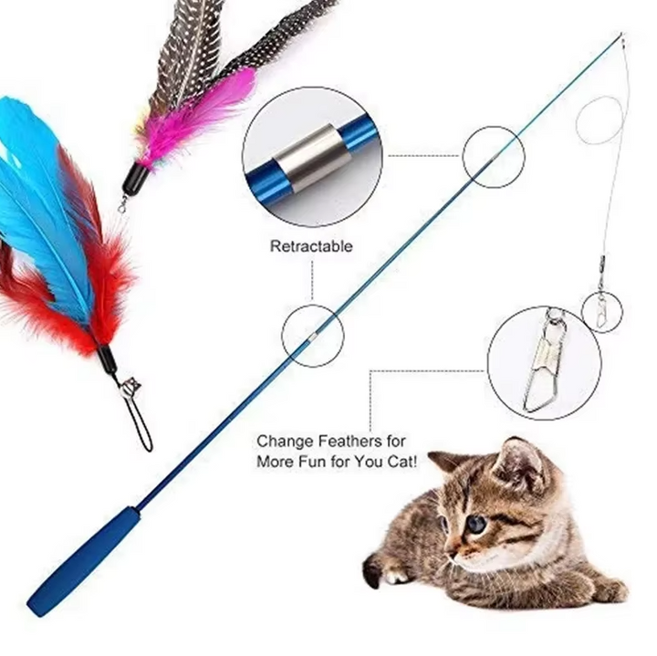 Interactive cat fishing rod with feather refills for engaging pet play.