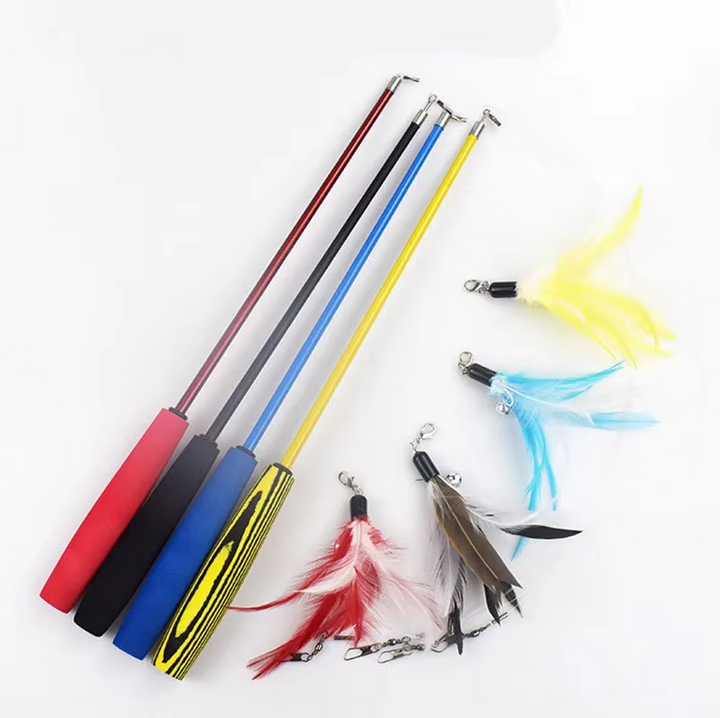 Cat fishing rod with vibrant feather refills, ideal interactive kitten play toy.