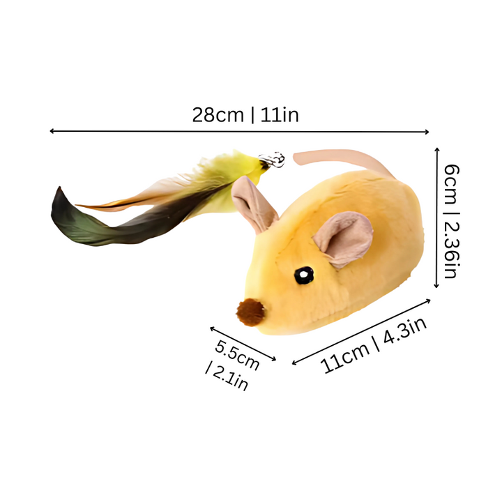 Yellow and grey interactive cat mouse toy with LED lights. Rechargeable, remote-controlled for playful cats.