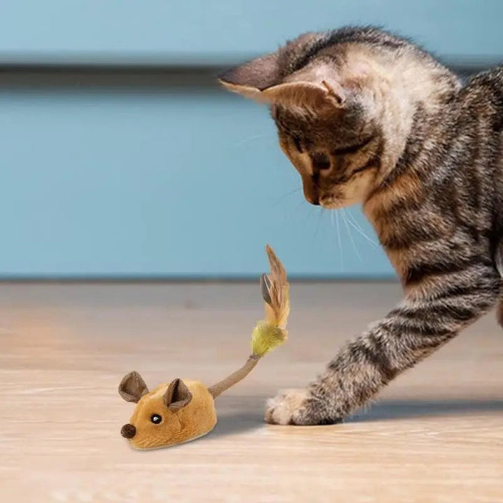 "Interactive cat toy mimics erratic mouse movements, brown and gray durable design for active feline play and exercise."