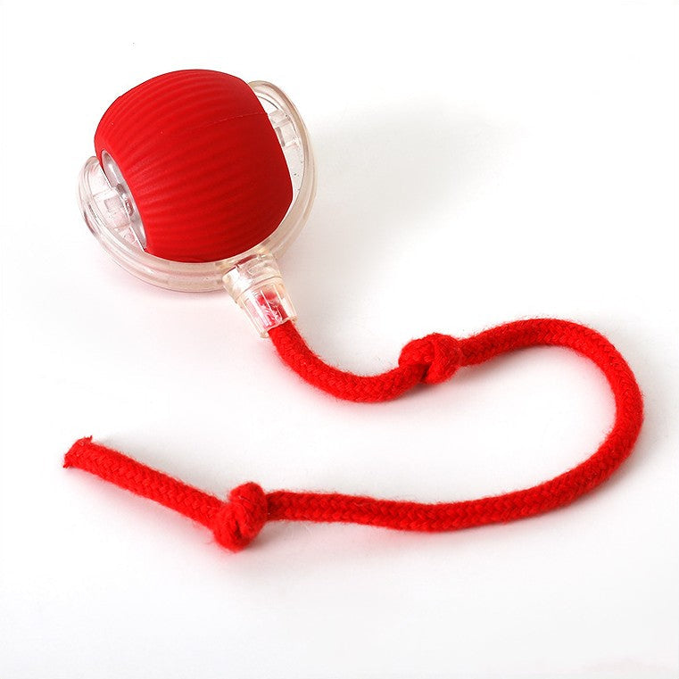 "Interactive cat toy, rolling ball with plush tail, vibrant color options for engaging feline play and exercise."