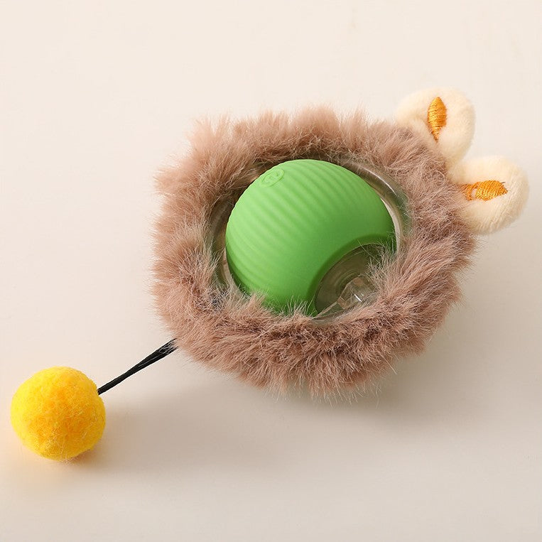 "Interactive cat toy, rolling ball with plush tail, vibrant color options for engaging feline play and exercise."