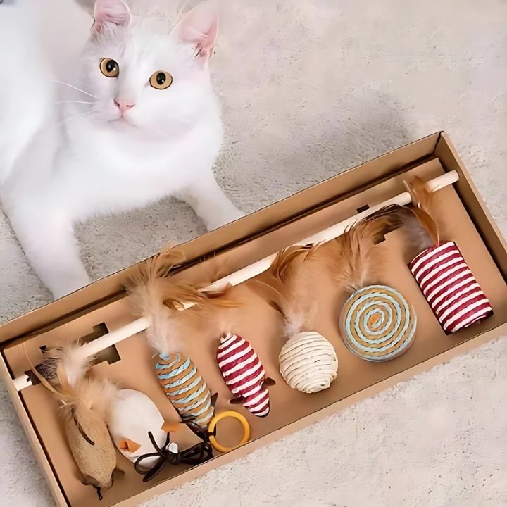 Interactive cat toy set with natural feathers & mouse, promoting active play & exercise for feline enrichment.