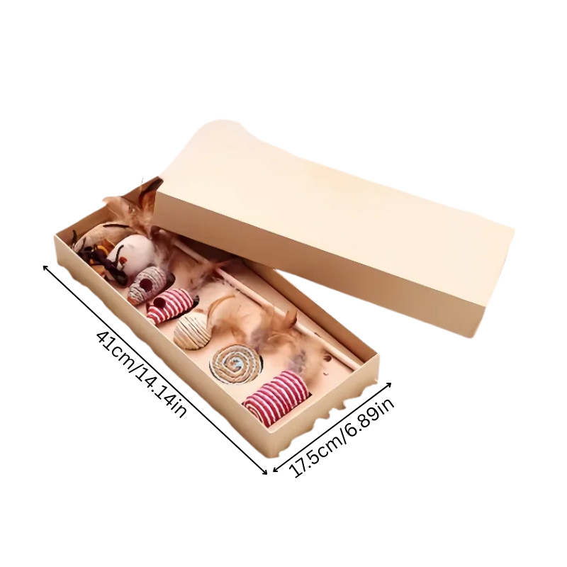 Linen & wood interactive cat toy set with feather & mouse attachments for stimulating pet play & exercise.