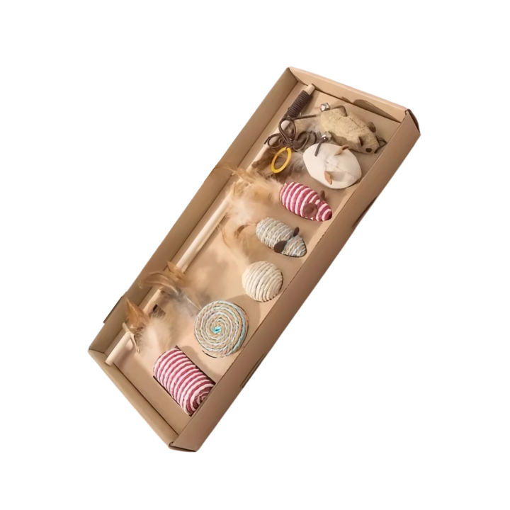 Cat's interactive feather & mouse toy set. Engaging linen & wood toys for active play, exercise & feline enrichment.