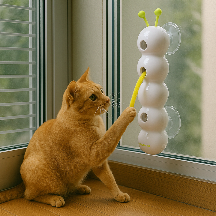 Interactive cat toy, window/wall mounted for feline exercise & mental stimulation. Smart motion for kitten enrichment.