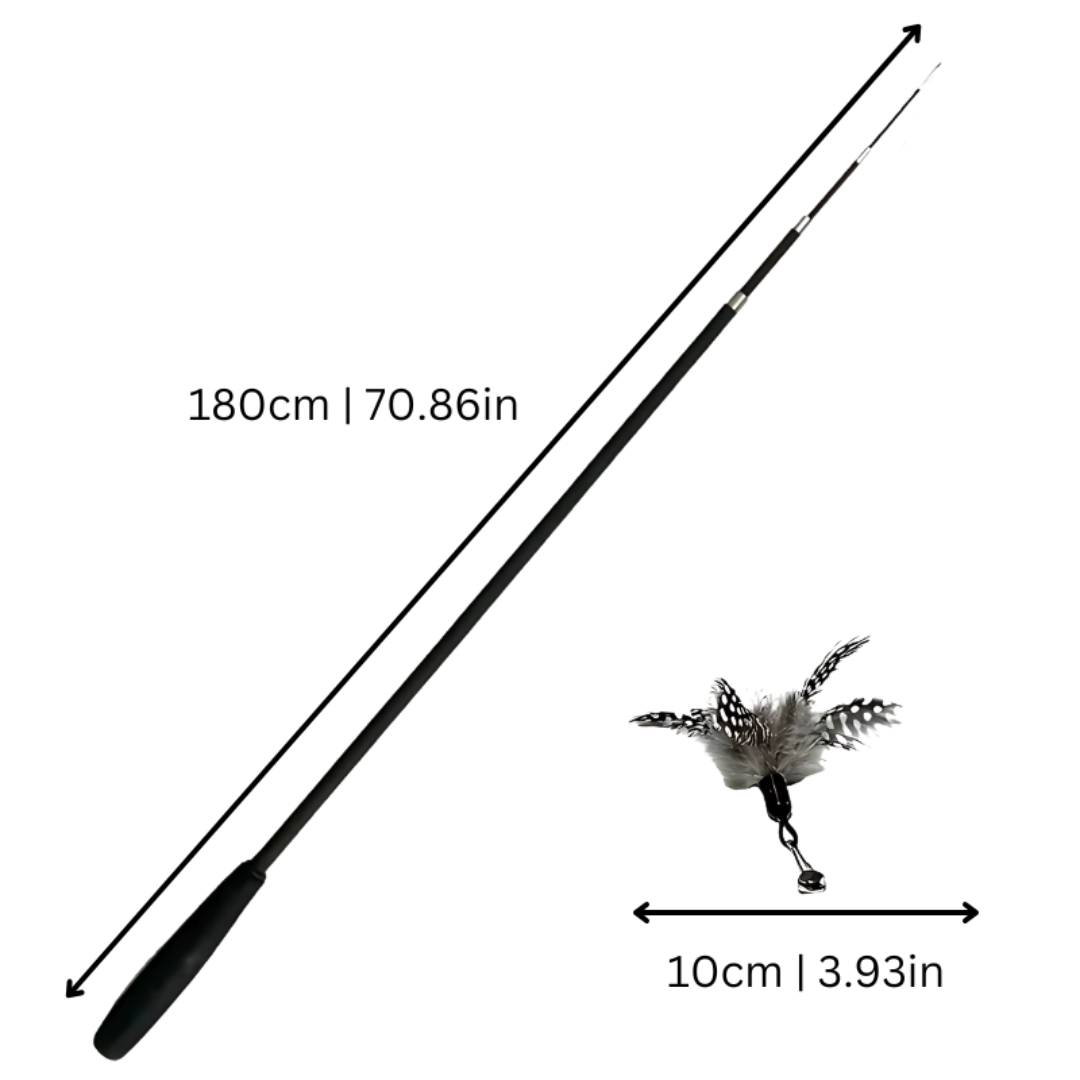 Extendable carbon fiber cat wand toy with a colorful feather & bell attachment. Stimulates feline hunting instinct & active play.