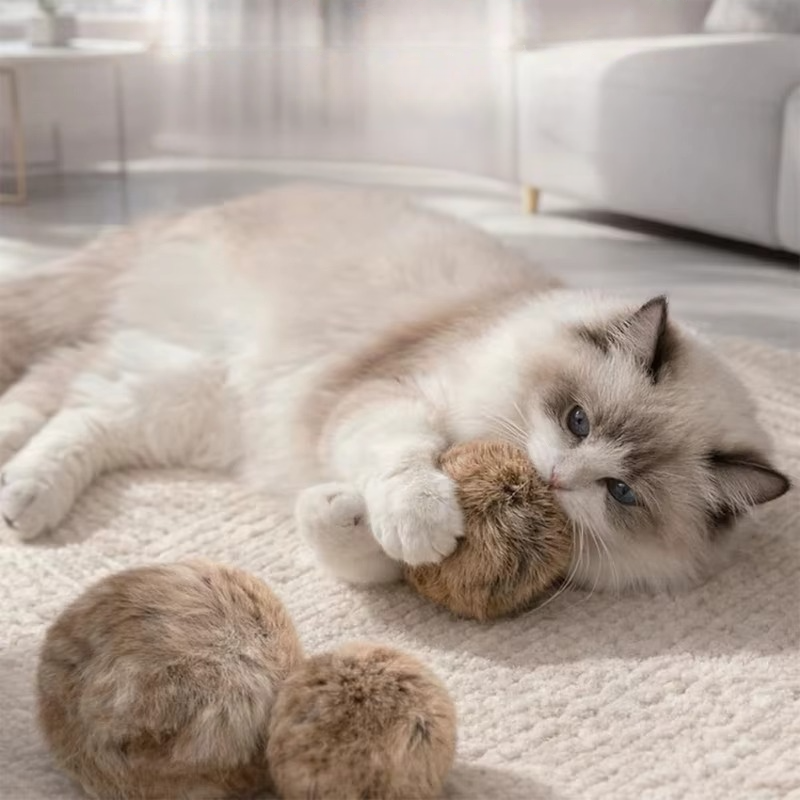 Interactive catnip bunny fur toy for cats, promoting play, dental health, and enrichment.