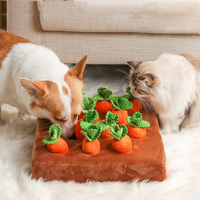 Interactive dog carrot garden snuffle mat toy for mental stimulation & pet enrichment. Fun boredom buster.