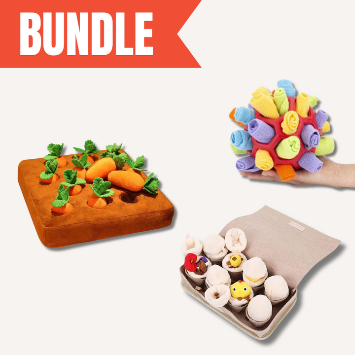 Interactive Dog Enrichment Trio: Sniffle mat, carrot farm, & egg farm puzzle toys for mental stimulation.