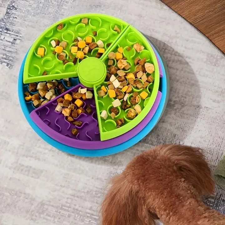 Interactive dog puzzle feeder toy for mental stimulation. Slow feeder anti-bloat design for healthy eating. Pet supplies.