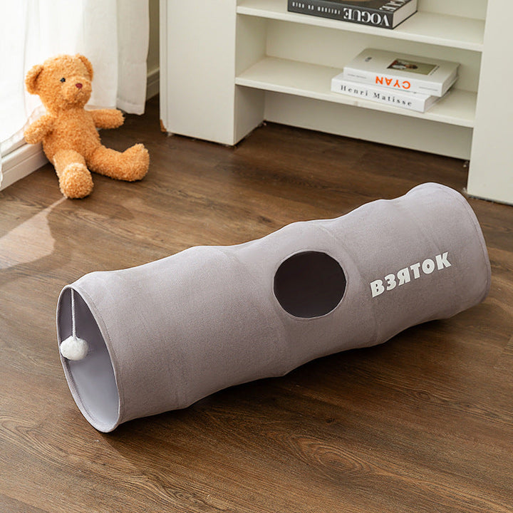 Foldable cat play tunnel, an interactive pet accessory promoting active feline fun and enrichment. Easy storage.