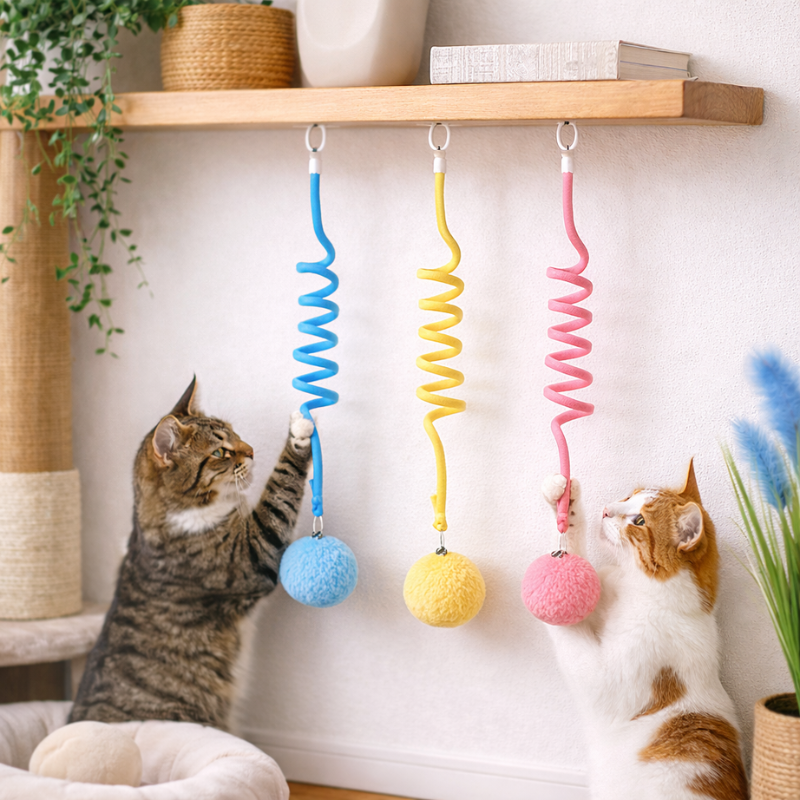 Interactive hanging cat toy 3-pack with strong suction cups for feline play & mental stimulation. Durable & engaging.