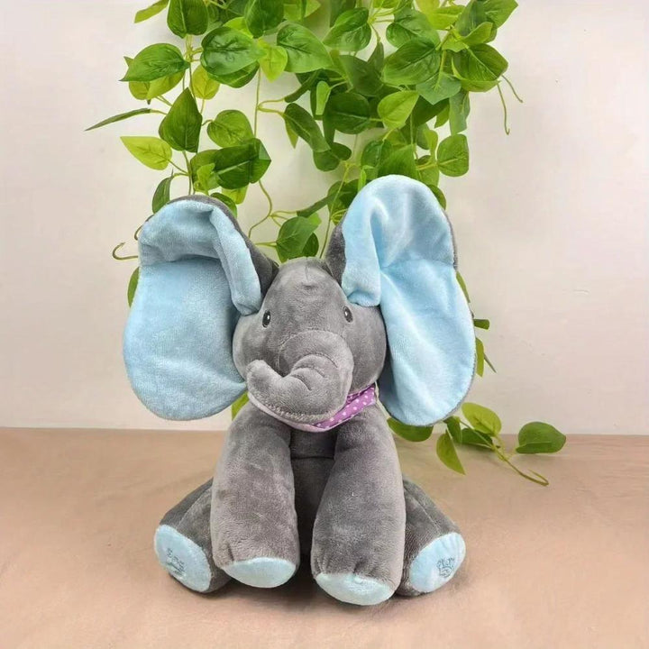 Interactive Peek-a-Boo talking elephant plush toy for kids, soft stuffed animal baby gift.