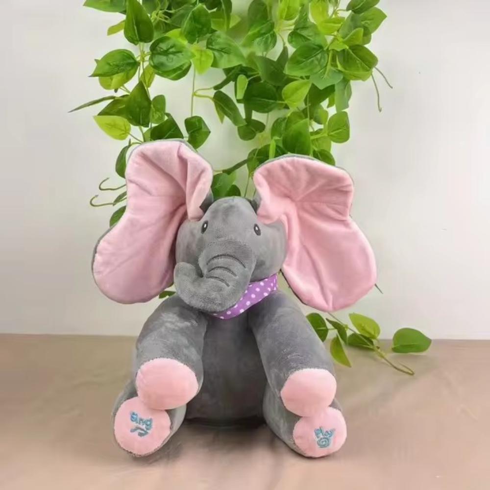 Musical interactive peek-a-boo elephant plush toy, talking stuffed animal for toddlers & babies.